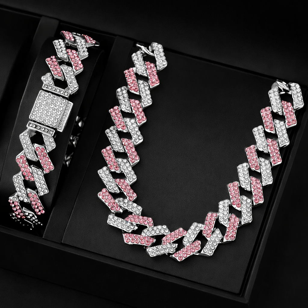 Pulsera Cubana Plata y Rosa Premium  💎