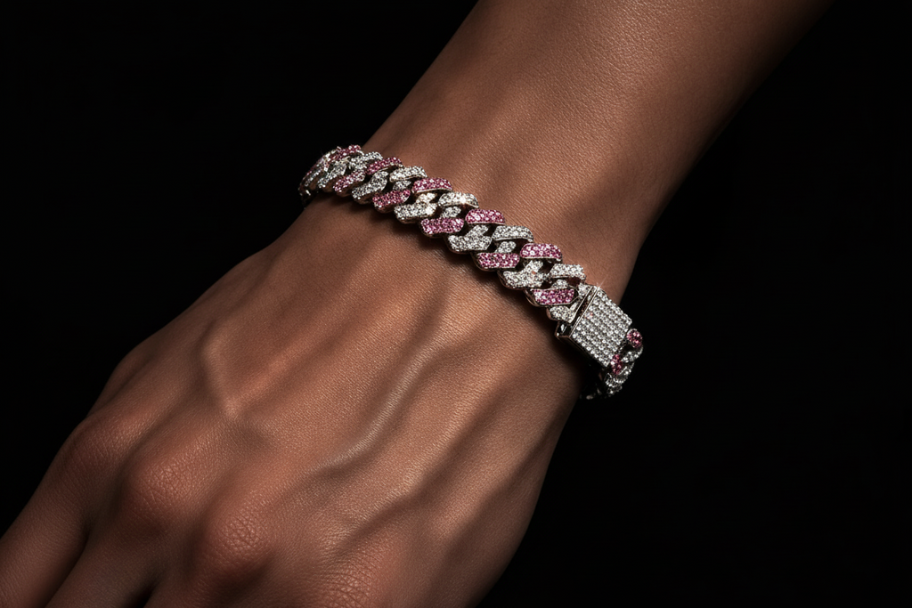 Pulsera Cubana Plata y Rosa Premium  💎