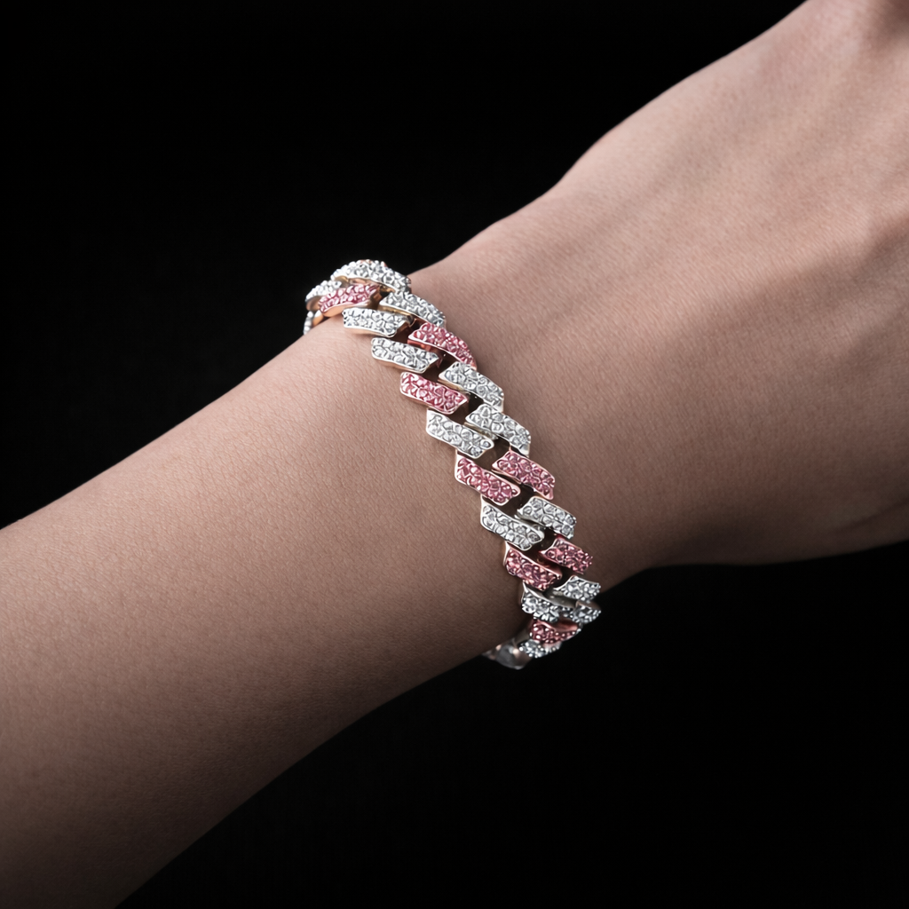 Pulsera Cubana Plata y Rosa Premium  💎